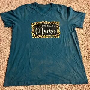 Then God Made A Mama Graphic T Shirt Womens XL Teal Leopard Print V Neck Tee